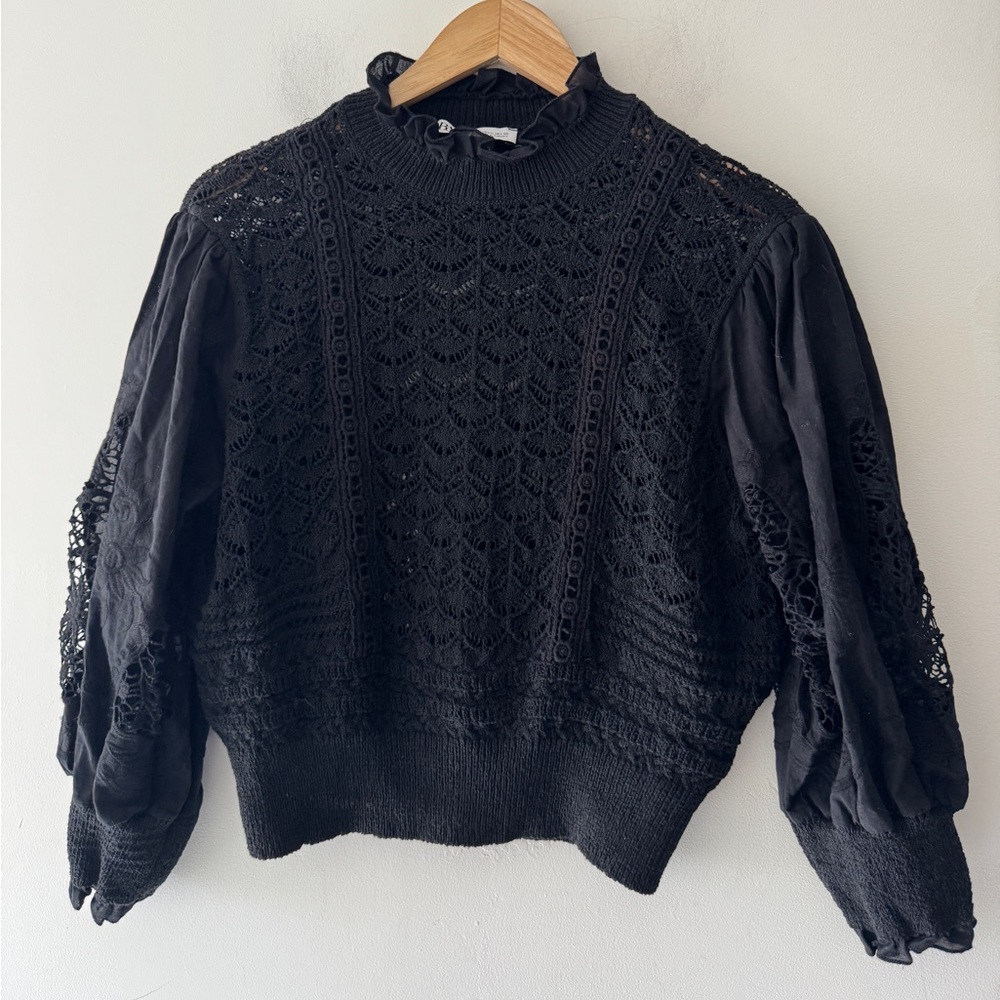 Zara Black Crochet Lace Puff Sleeve Cropped Sweater‎ Boho Top Victorian